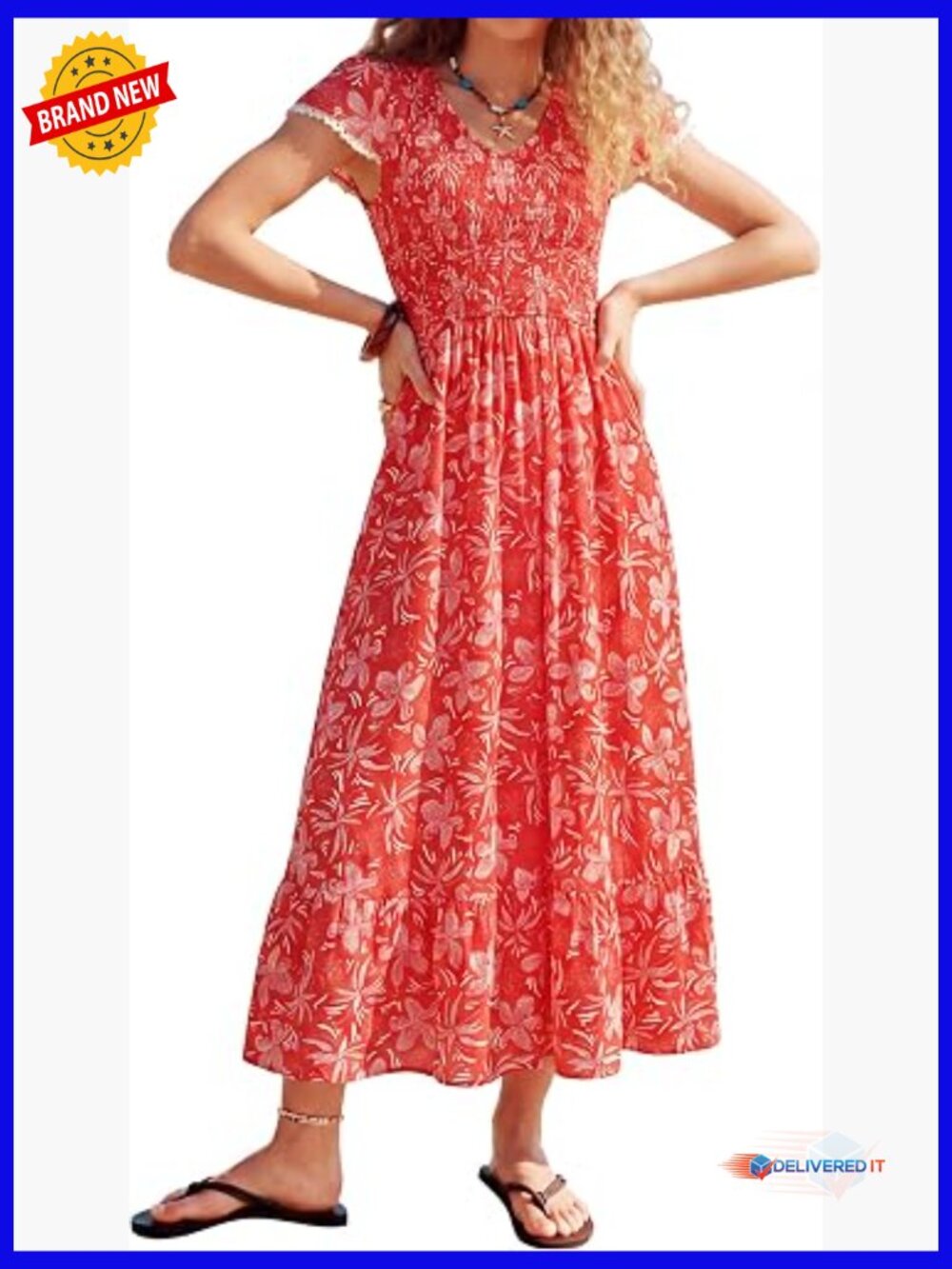Women's Flowy Boho Maxi Dress with Pockets, V Neck Smocked Sundress